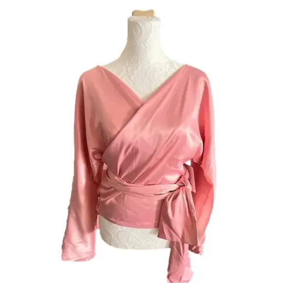 Blush Pink Satin Wrap Blouse with Bow & Brooch – Elegant Off-Shoulder Top - Picture 7 of 11